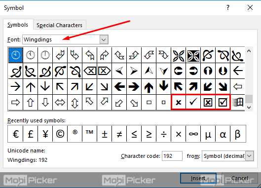 check symbol in word