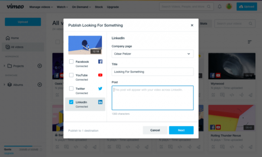 Vimeo integrates with LinkedIn to enable video publishing to company pages