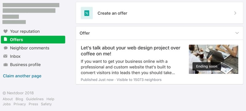 An offer in the Nextdoor Business Page Offers tab. | DeviceDaily.com