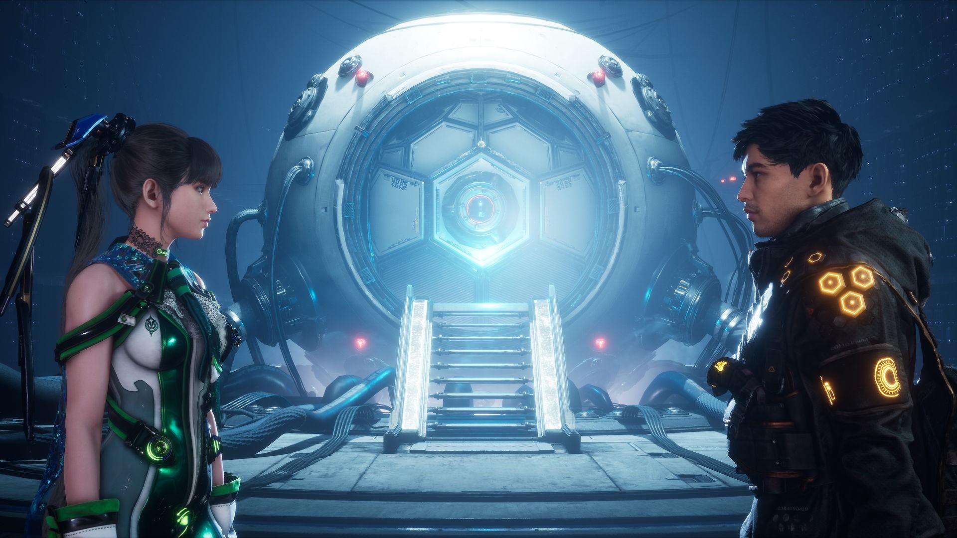 Eve and her companion face each other, in the background a set of stairs leads up to a futuristic looking chamber whose door is glowing blue. | DeviceDaily.com