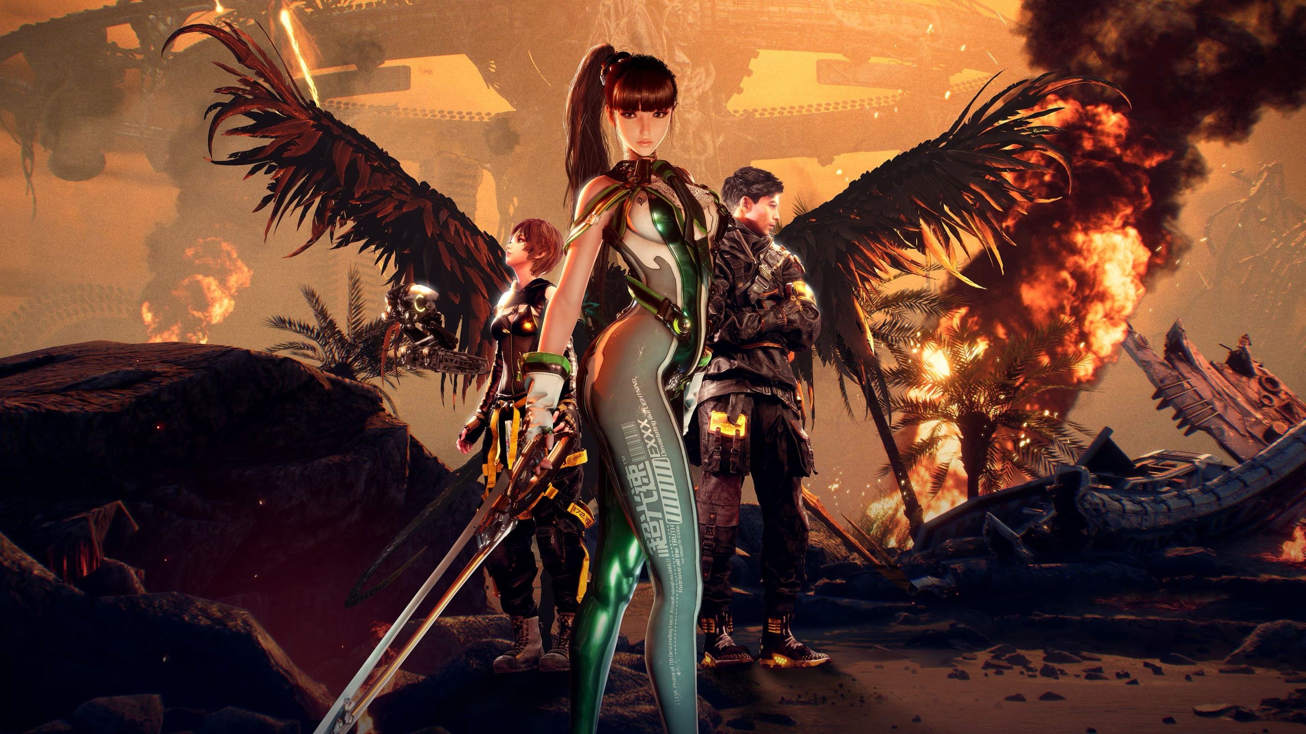 promotional image of Stellar Blade showing hero Eve centered, striking a combat pose with her hip thrust out | DeviceDaily.com