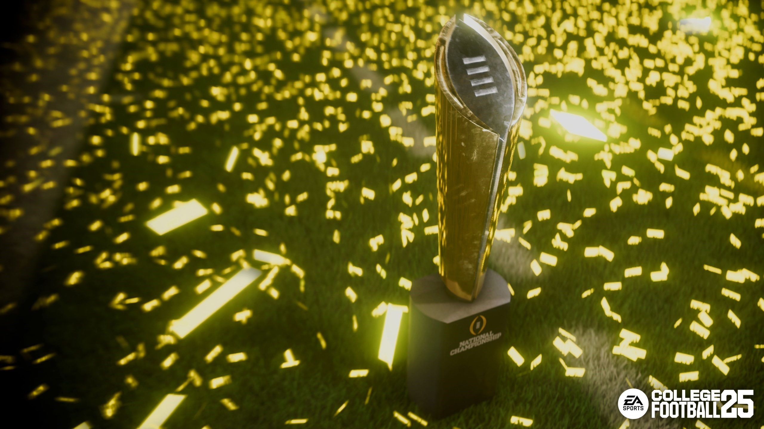 The College Football Playoff National Championship Trophy surrounded by glittering gold confetti | DeviceDaily.com