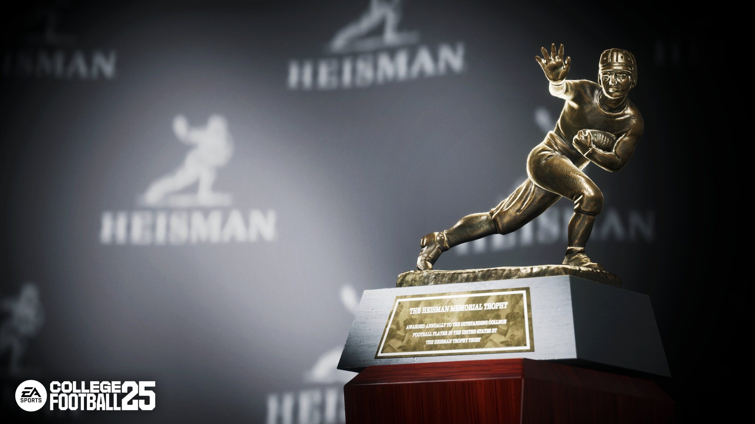 The Heisman Trophy in front of a background showing the trophy's logo | DeviceDaily.com